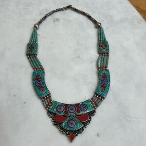 Moroccan Turquoise, Coral and Lapis Inlaid Statement Necklace
